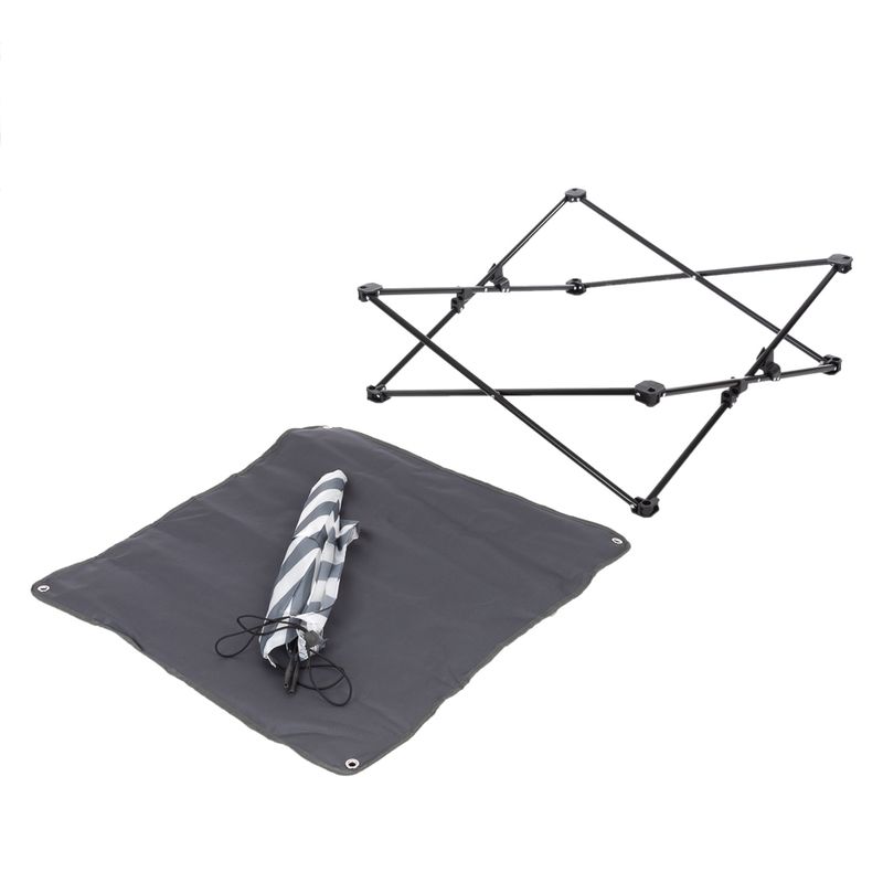 Foldable black frame, grey mat with eyelets, and folded striped fabric. Accessory for assembly or transport.