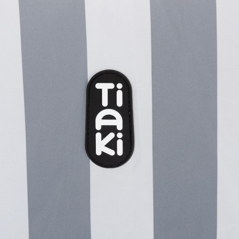 Tiaki logo on a grey and white striped background.