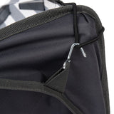 Close-up of black fabric material with metal hook and elastic band for fastening.