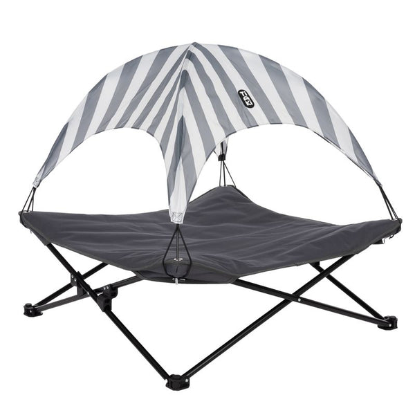 Grey-black foldable pet bed with striped sun canopy and sturdy metal frame. Brand: Trixie.