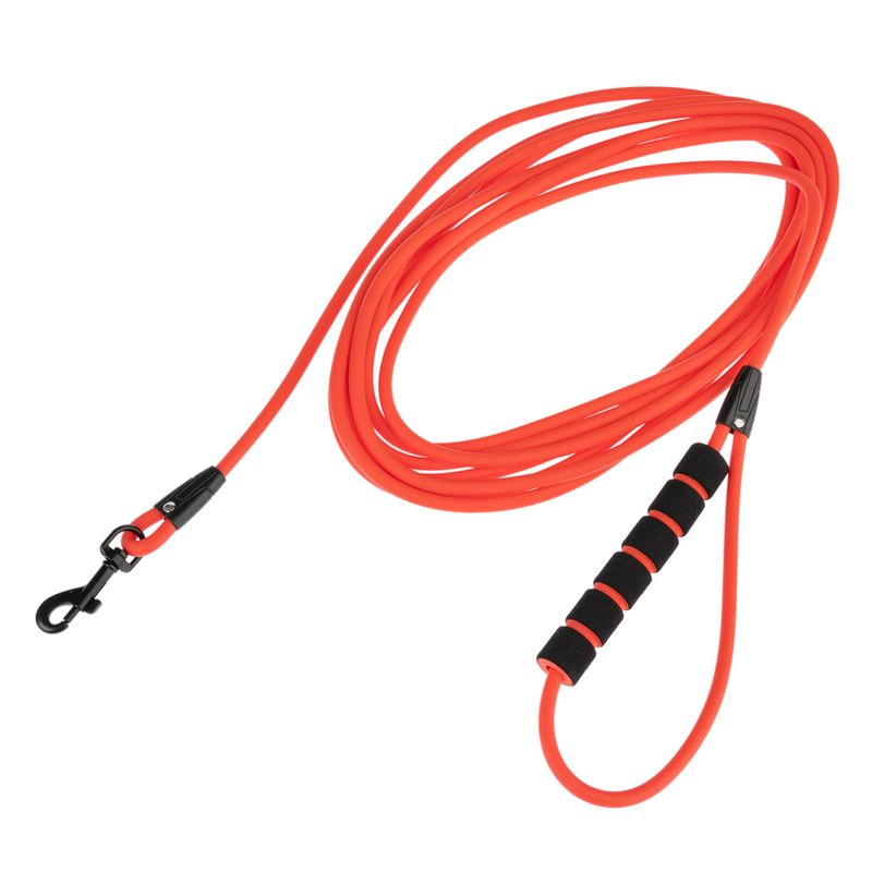Bright red dog lead with black carabiner hook and padded handle. Length visibly coiled.