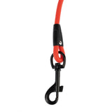 Red dog lead with black carabiner hook and metal clasp, suitable for secure attachment.