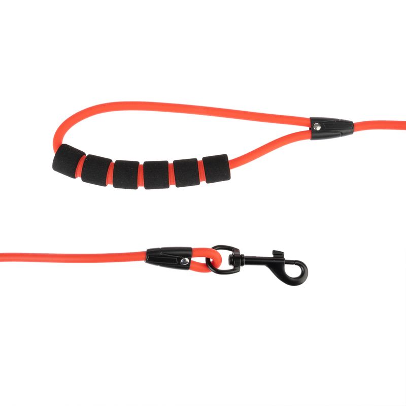 Red dog lead with black foam handle and metal snap hook. Ergonomic design for comfortable handling.