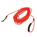 Long red dog lead with black carabiner and padded handle, suitable for walks or training.