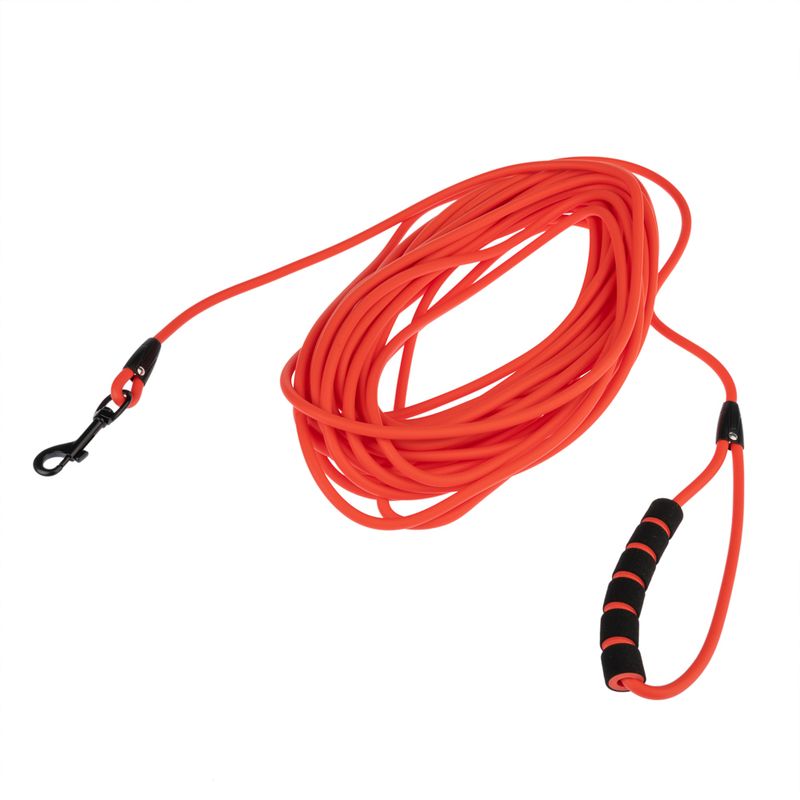 Long red dog lead with black carabiner and padded handle, suitable for walks or training.