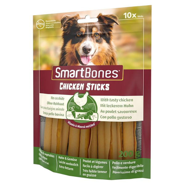 SmartBones Chicken Sticks, no rawhide, with tasty chicken, easily digestible, extra low fat, enriched with vitamins and minerals, pack of 10 sticks, 200g.