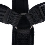 Close-up of a black harness system with metal ring and durable nylon straps, suitable for fastening or securing.