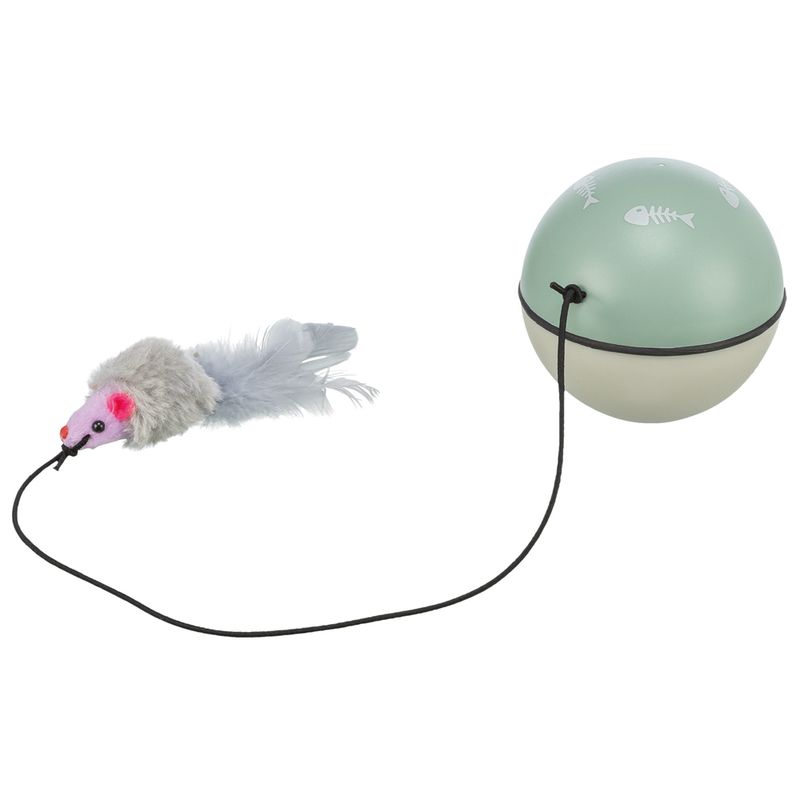 Toy consisting of a green ball with fish motifs and a grey mouse with a feather tail attached.