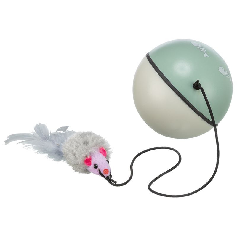 Toy consisting of a green and white ball with fishbone pattern and an attached grey fabric mouse with pink details and feather.