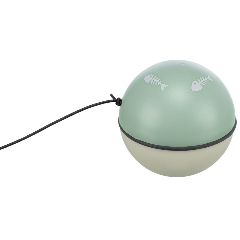 Green and white ball-shaped toy with fishbone motifs, attached to a black cord.