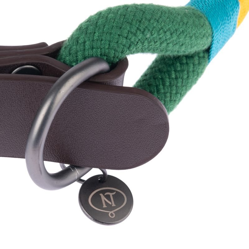 Close-up of a brown leather dog collar with green and blue fabric rope, metal ring, and pendant with NT logo.