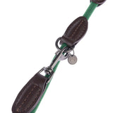 Green dog lead with brown leather details, metal carabiner and round pendant with NT logo.