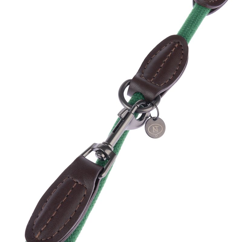 Green dog lead with brown leather details, metal carabiner and round pendant with NT logo.