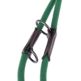 Green dog lead with brown leather details and metal rings, close-up of connecting elements.