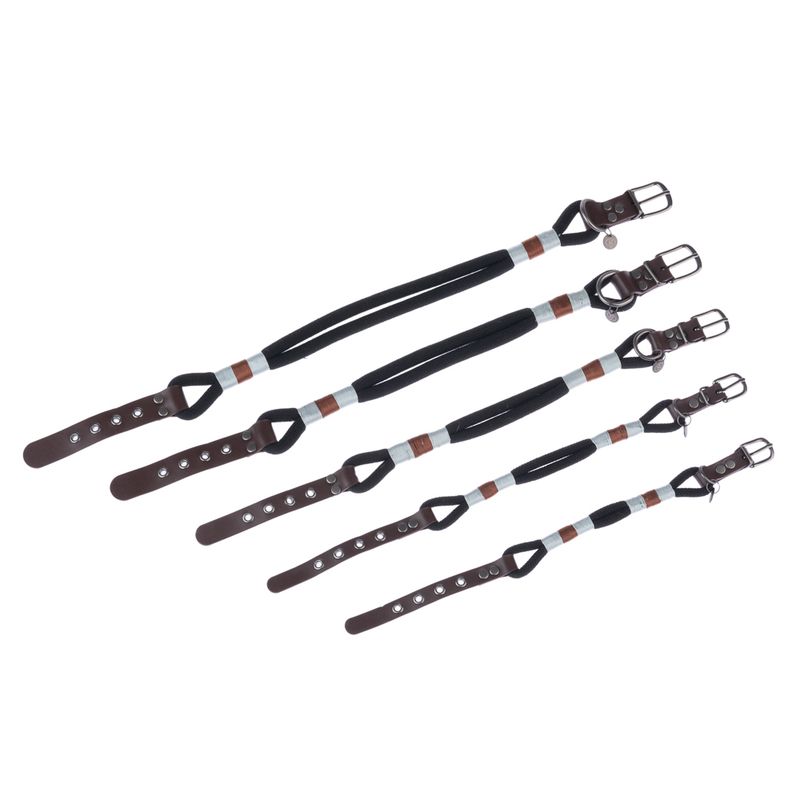 Set of five brown dog leads with adjustable leather handles, metal clasps and black straps. Various sizes visible.