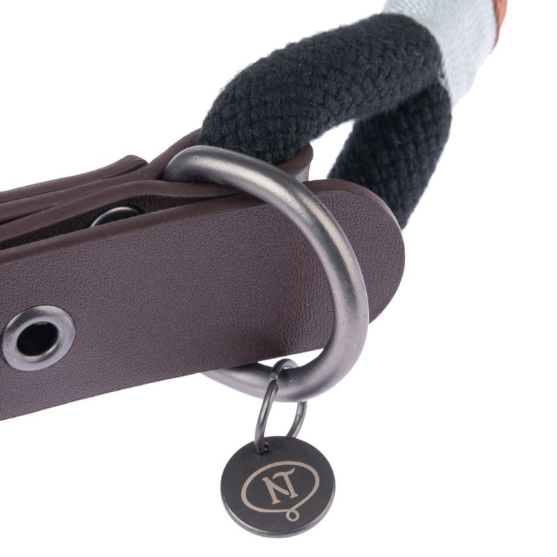 Close-up of a brown leather collar with metal ring and pendant featuring NT logo. Black rope visible as part of the design.
