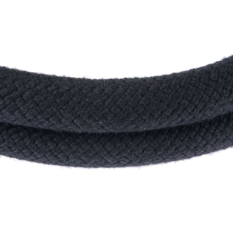 Black braided rope with textured surface, suitable for various applications.