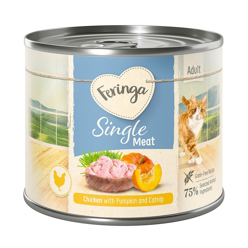 Feringa Single Meat Adult, chicken with pumpkin and catnip, grain-free recipe, 75% selected animal ingredients.