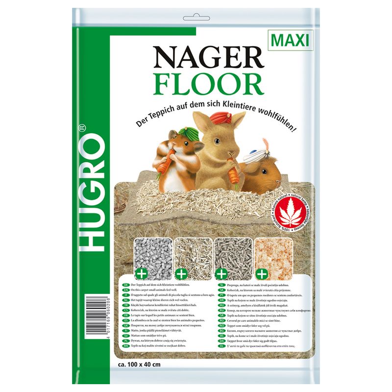 Hugro Nager Floor Maxi, approx. 100 x 40 cm. Carpet for small animals. Various materials shown with plus symbols. Organic certificate visible.