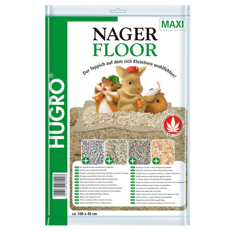 Product image showing Nager Floor bedding with illustrations of small animals, four types of bedding materials, and a list of features in multiple languages. Size indicated as approx. 100 x 40 cm.
