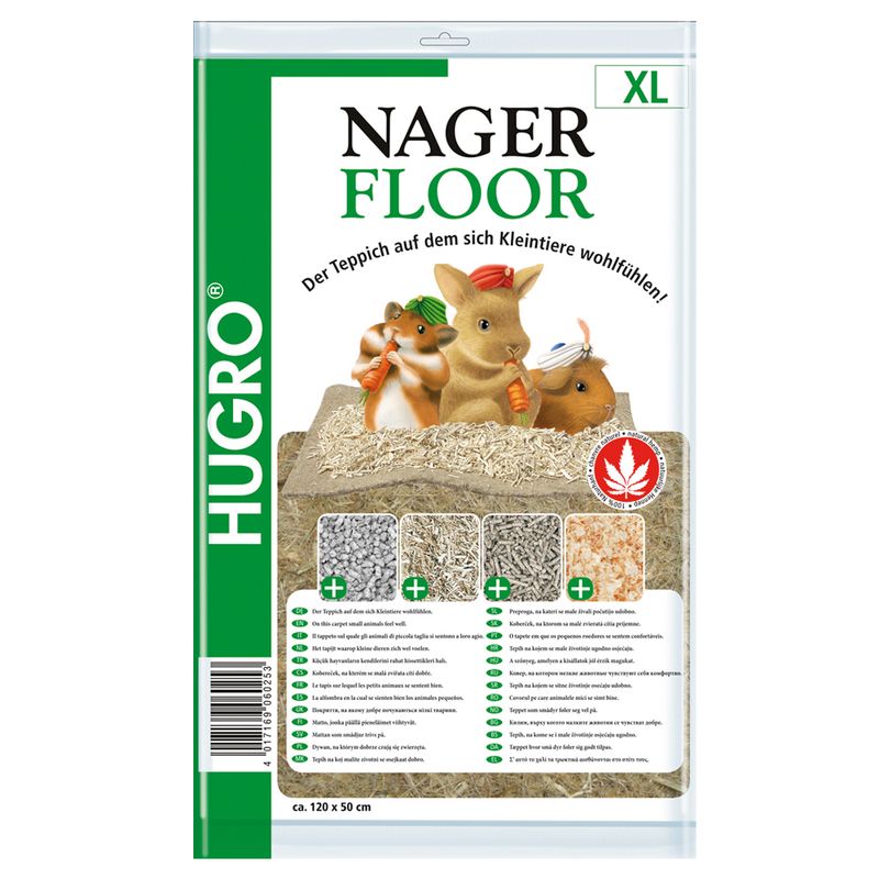 Hugro Nager Floor XL, carpet for small animals, approx. 120 x 50 cm, made with natural materials and comfort. Product description visible in several languages.