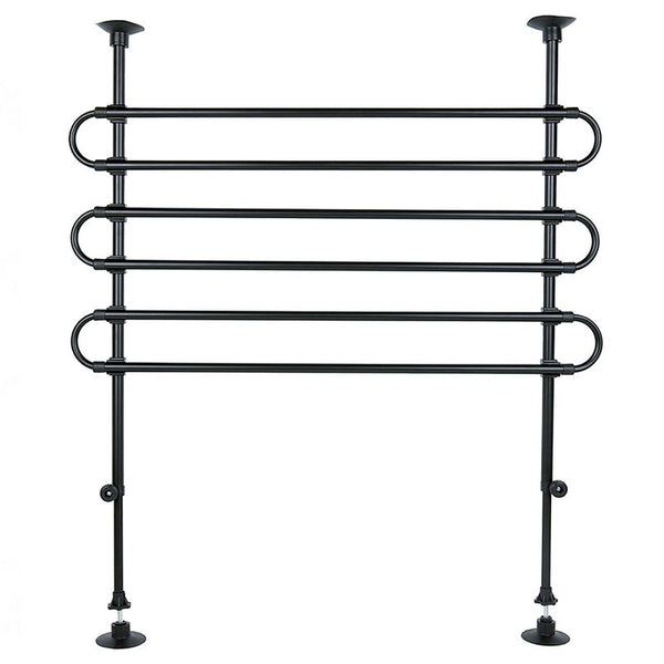 Black, adjustable metal car guard with four horizontal bars and two vertical rods for safe separation of boot and passenger area.