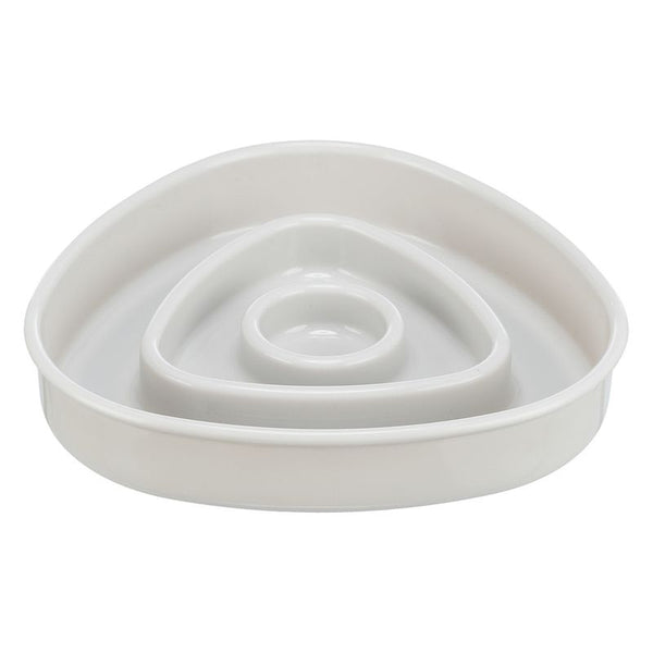 White feeding bowl with raised inner rings to slow down food intake.