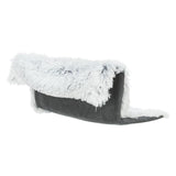 Grey cat bed with white, fluffy cover, suitable for cosy resting areas.