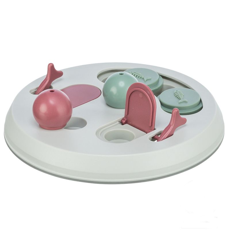 Round interactive toy with pink and green elements, including flaps, balls and compartments to open. Promotes dexterity and activity.