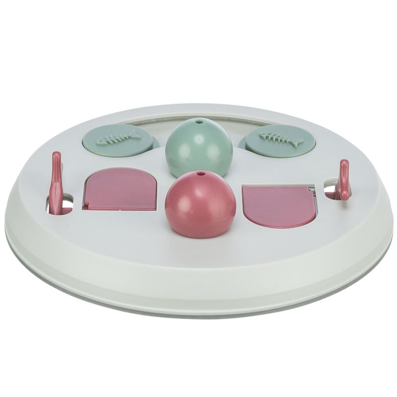 Round intelligence toy with pink and green elements, including flaps, levers and balls. Promotes dexterity and activity.