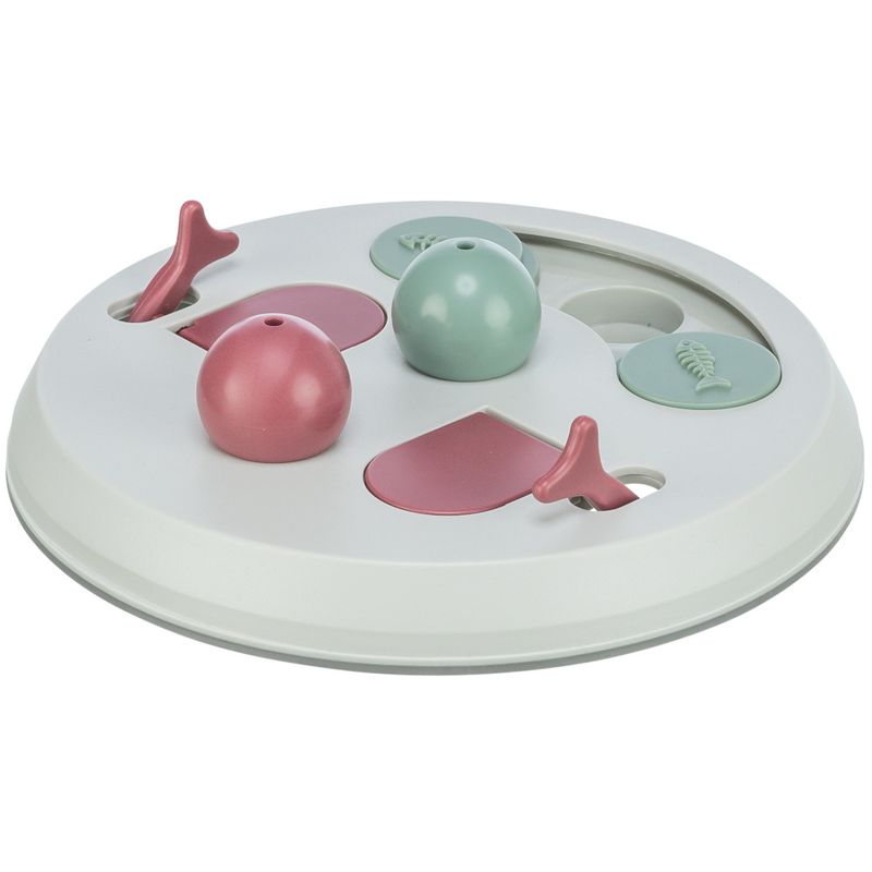 Round interactive toy with pink and green elements, including balls, sliders and levers, for keeping pets occupied.