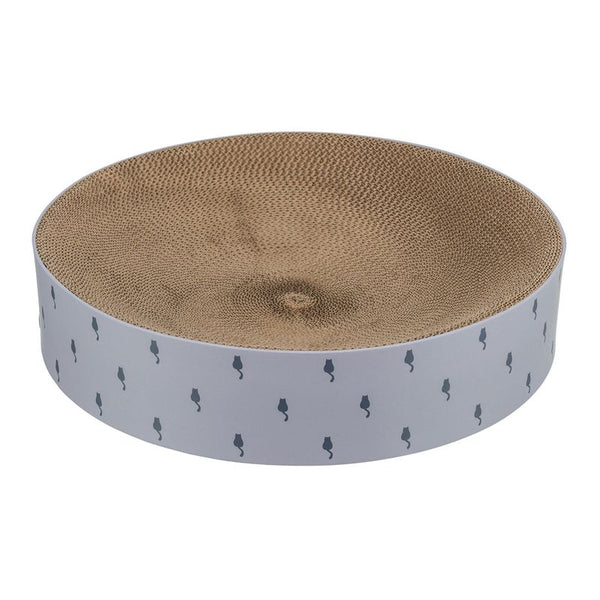 Round scratching bowl made of cardboard with white rim and black cat motifs.