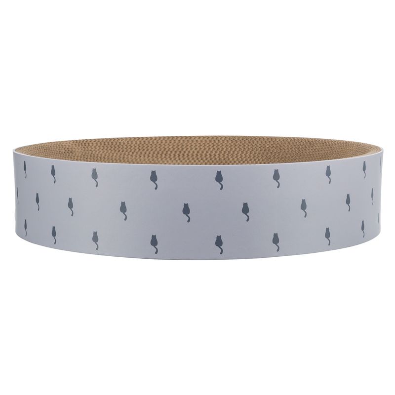 Round scratching mat made of cardboard with white edge and black cat motifs.