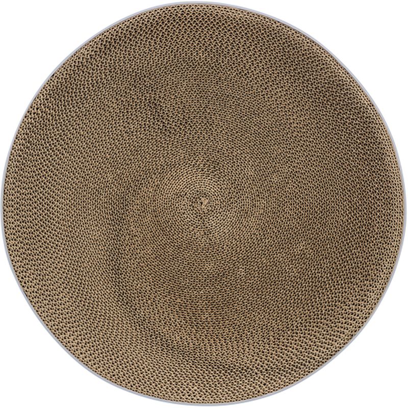 Round scratching surface made of brown corrugated cardboard, suitable for cats to scratch and play.