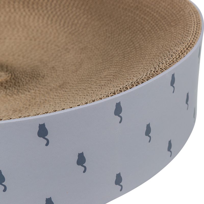 Round scratching mat made of cardboard with white edge, printed with grey cat silhouettes.