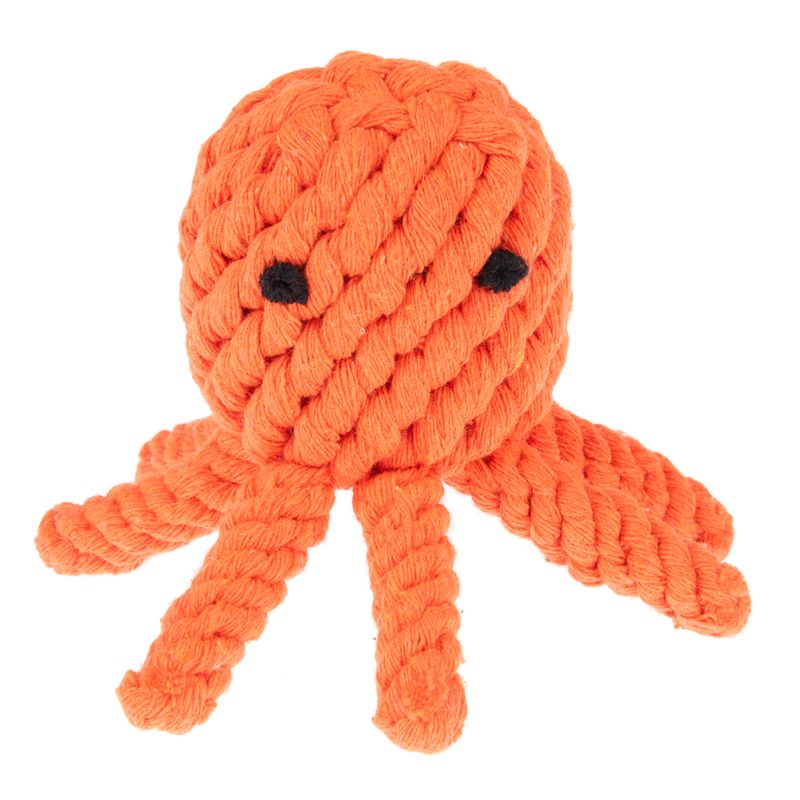 Orange toy in the shape of an octopus made of braided rope with black eyes. Suitable for pets to play or chew.