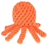 Orange toy made of braided rope in the shape of an octopus with eight arms.