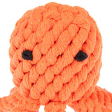 Orange toy made of braided rope with black eyes, suitable for pets.