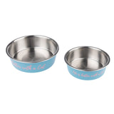 Two blue stainless steel bowls with pink lettering 'Life is better with a Cat'.