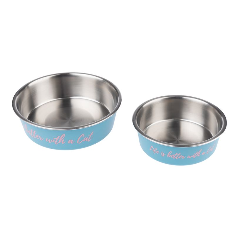 Two blue stainless steel bowls with pink lettering 'Life is better with a Cat'.