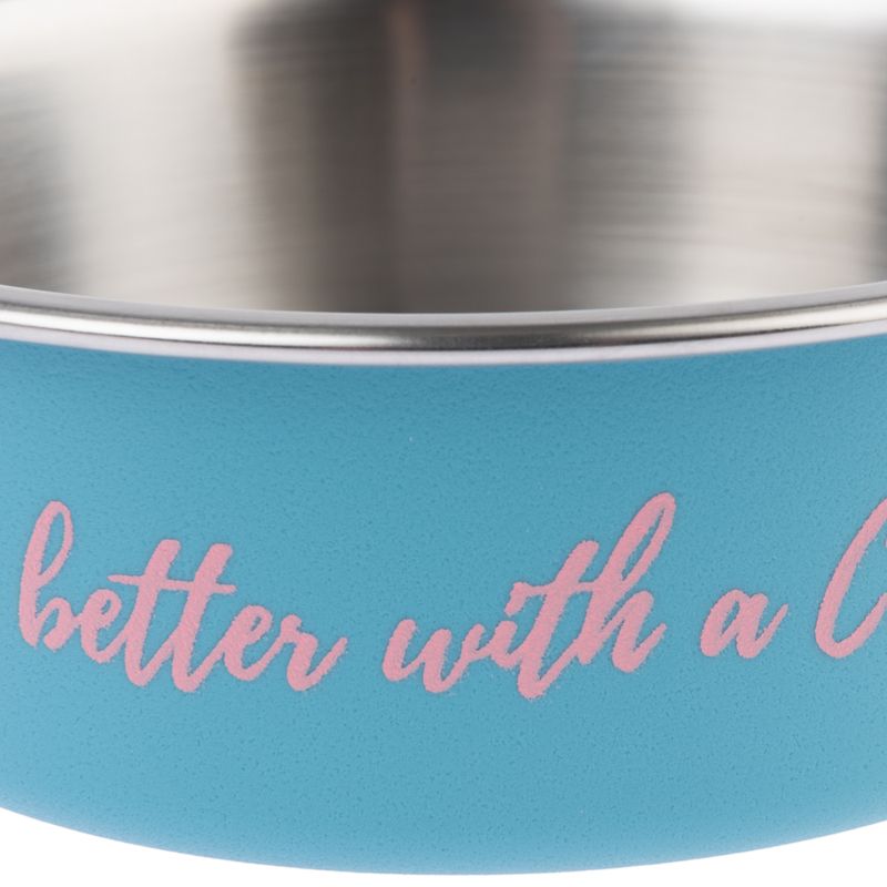 Turquoise feeding bowl with pink lettering 'better with a cat', visible stainless steel interior.