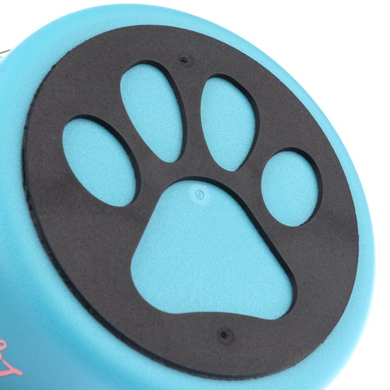 Non-slip underside with black paw print design on a blue background.