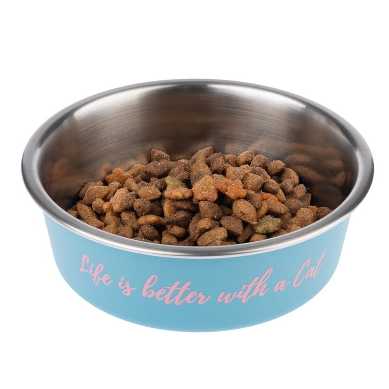 Stainless steel bowl with blue rim and pink lettering 'Life is better with a Cat', filled with brown dry food.