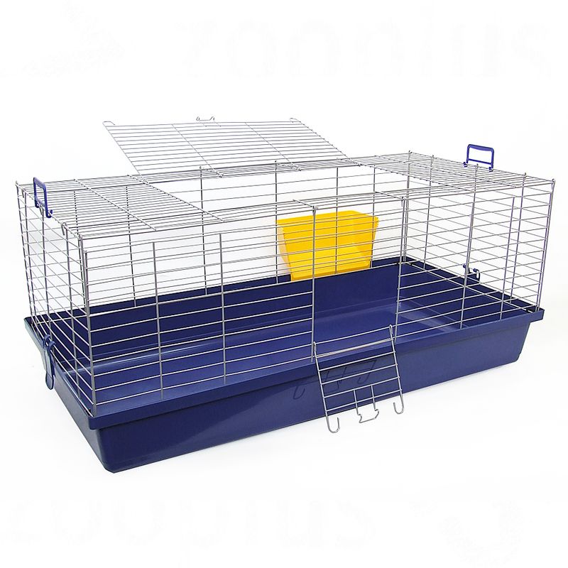Small animal cage with blue plastic base, metal grid, yellow food bowl and access door with ladder.