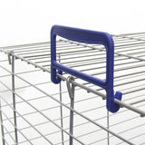 Blue plastic handle on a metal wire cage, attached with hooks. Suitable for easy carrying or opening of the cage.