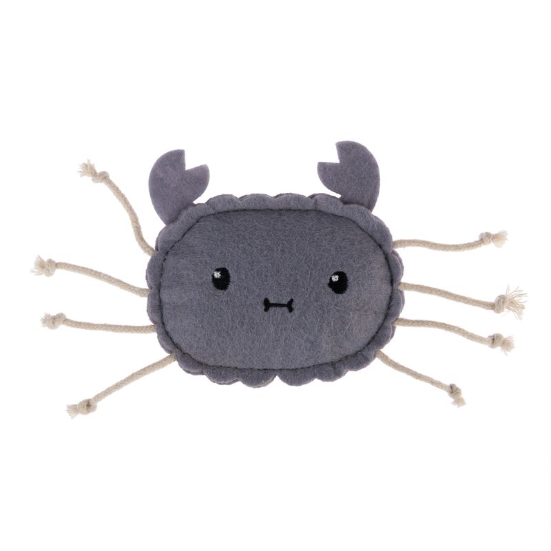 Grey fabric toy in the shape of a crab with rope arms and embroidered face.