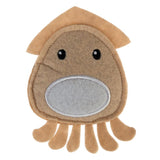 Felt toy shaped like a brown octopus with a grey belly and black eyes.