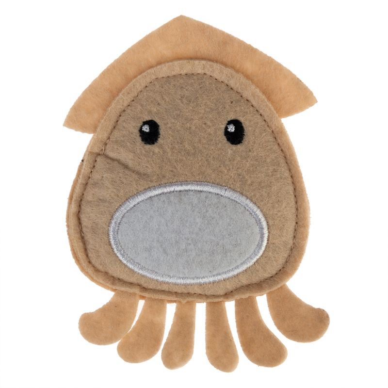 Felt toy shaped like a brown octopus with a grey belly and black eyes.