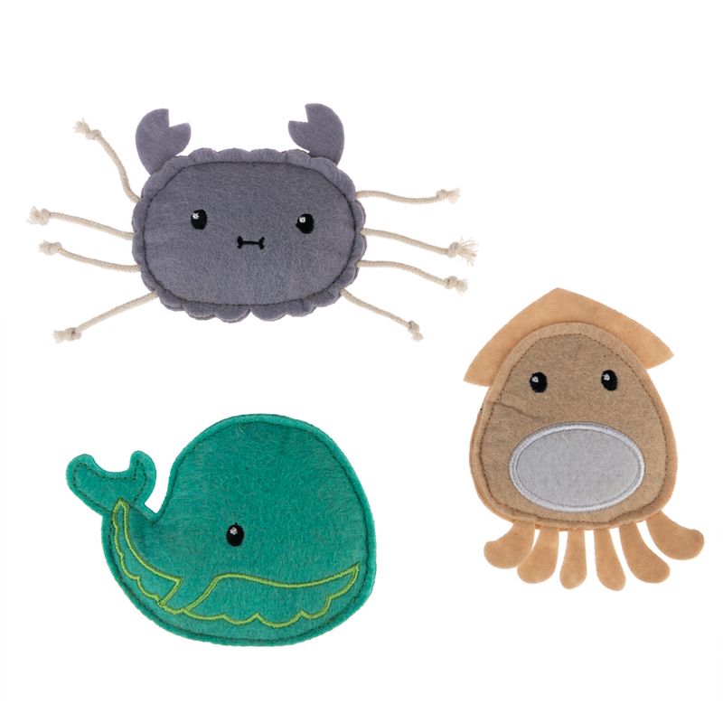 Three fabric toys in a sea design: grey crab with rope legs, green whale, and brown octopus with tentacles. Suitable for pets.