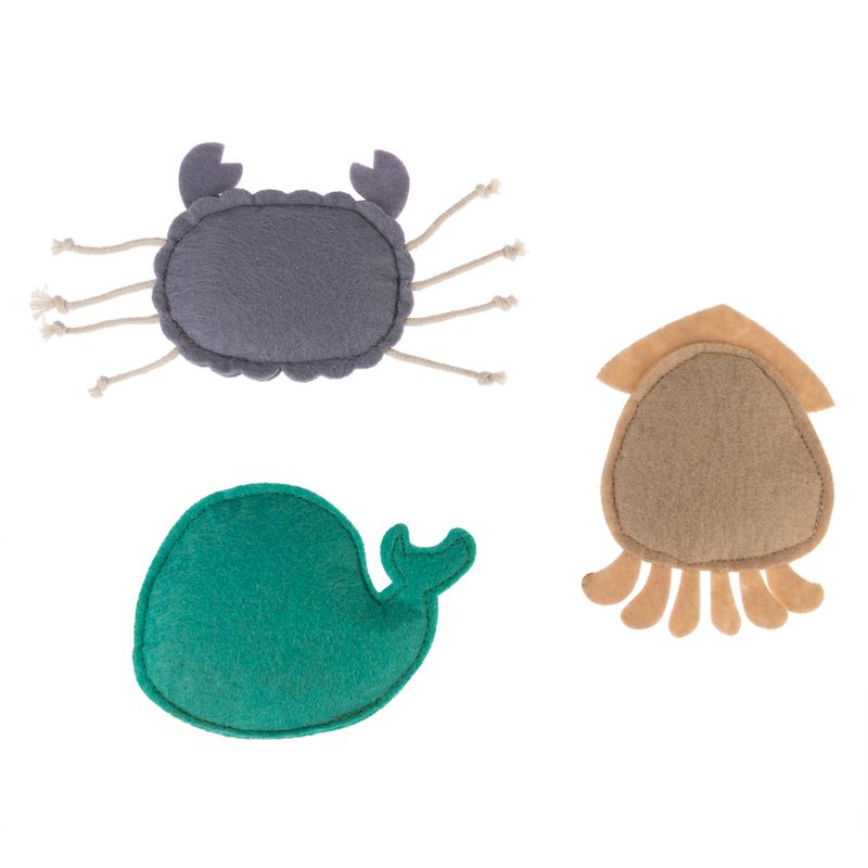 Three fabric toys in animal shapes: grey crab with rope legs, green whale and brown octopus. Suitable for pets.